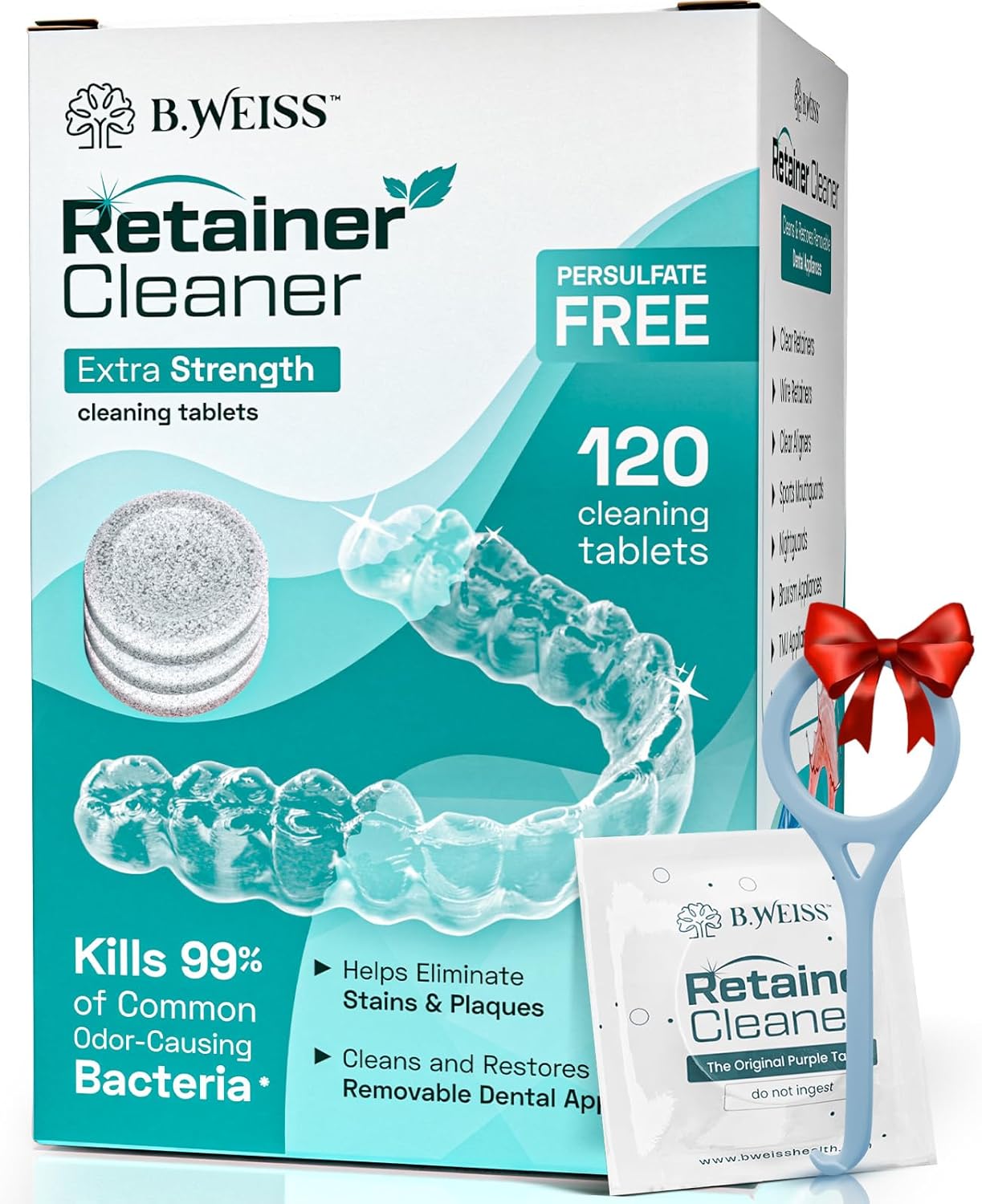 Retainer Cleaner Tablets, Invisalign Cleaner, Remove Stains, Odors & Plaque, Night Guard Cleaner, FSA & HSA Eligible, 4-Month Supply of PERSULFATE-FREE Denture Cleaner, 120 Tablets, Mint-Scented