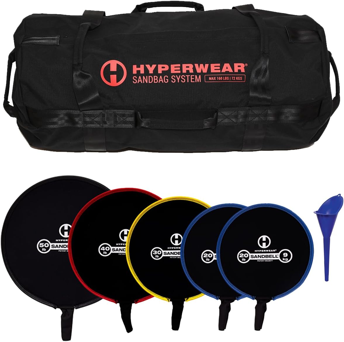 HYPERWEAR Yoga Sandbags Sandbell Sandbag Workout Bag Includes SandBell Set Kettlebells Empty SandBell Sand Bags Size Empty LG 160lb (20lb, 20lb, 30lb, 40lb, 50lb, Filling Funnel)
