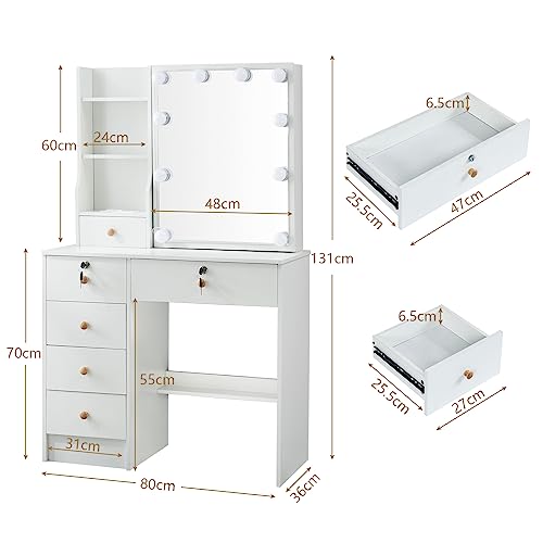 Vanity Desk with Mirror and Lights, Large Drawers, Cushioned Stool P25988