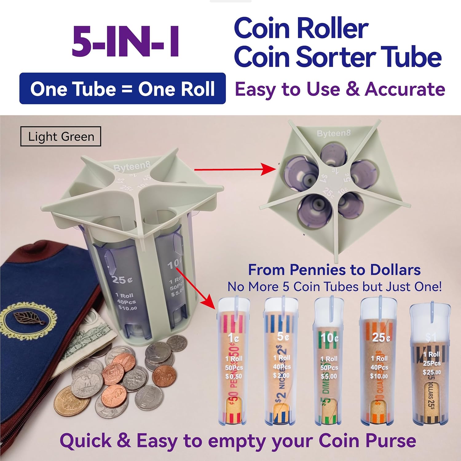 Coin Counter & Sorter Tube for Loose Change Organizer C6438