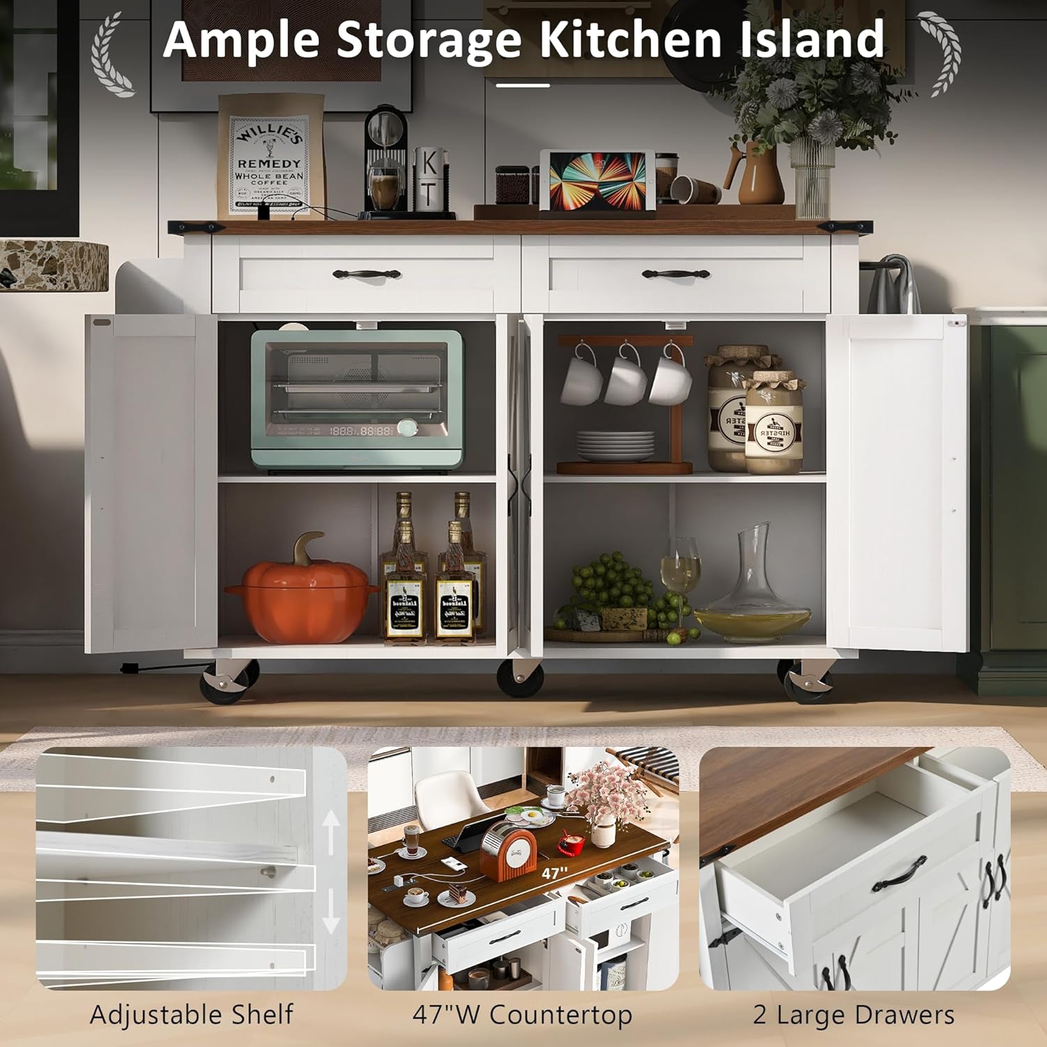 Kitchen Island Cart with Power Outlet and Storage, Rolling Trolley with Drop Leaf S12879