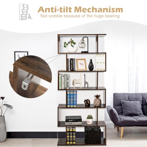 6-Tier Geometric Bookcase, Modern S-Shaped Storage Display Bookshelf, Anti-Toppling Device, Wooden Open Shelf G440024