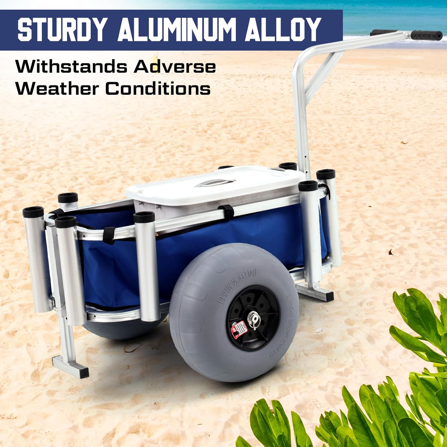 Beach Fishing Cart with Balloon Wheels, Heavy Duty Aluminum, Large Basket S26648