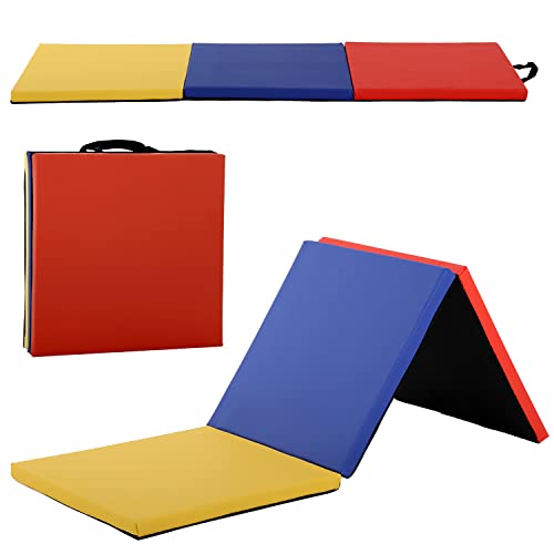 Gymnastics Mat Exercise Mat Tumbling Mats for Home Gym, Folding Portable 6’x2’x2 Extra Thick Crash Panel Mat with Carrying Handles for Kids Adults, Blue