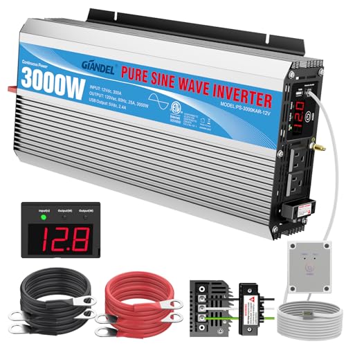 GIANDEL 2200W Pure Sine Wave Power Inverter 12V DC to 110V 120V AC with 20A Solar Charge Control and Remote Control&LED Display and Dual AC Outlets &1x2.4A USB Port for RV Truck Car Solar System