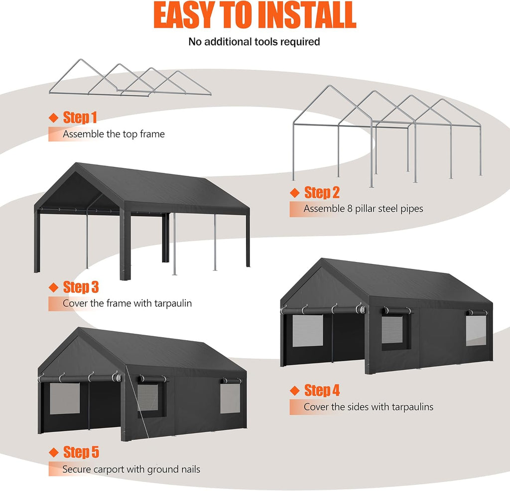 Carport 10x18.5 ft Heavy Duty Canopy with Roll-up Windows, Portable Garage with Removable Sidewalls A5898