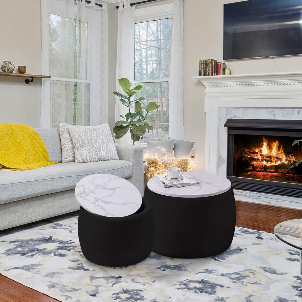 Round Coffee Table Set of 2 Nesting Storage Ottoman for Living Room, Modern Circle Ottoman Drum Side Table End Table, Velvet Fabric T38852