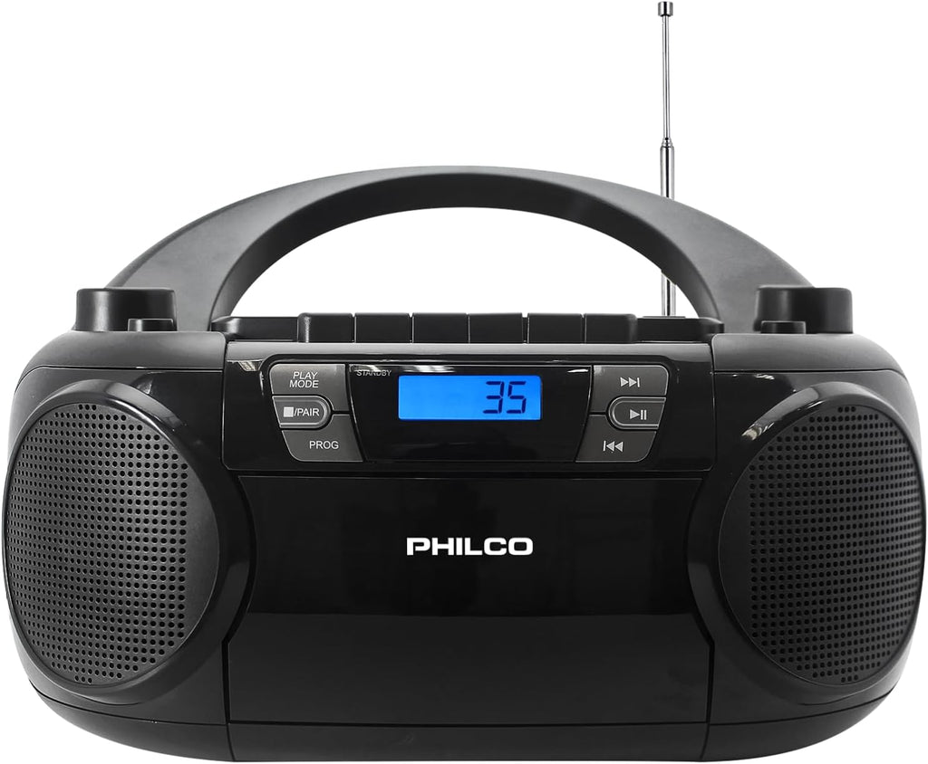 Philco Bluetooth CD Boombox with Cassette, MP3 CD USB Playback The Ultimate Retro Music Combo with Best Class Sound Performance, 12 watts, and telescopic FM antenna provides maximum radio reception