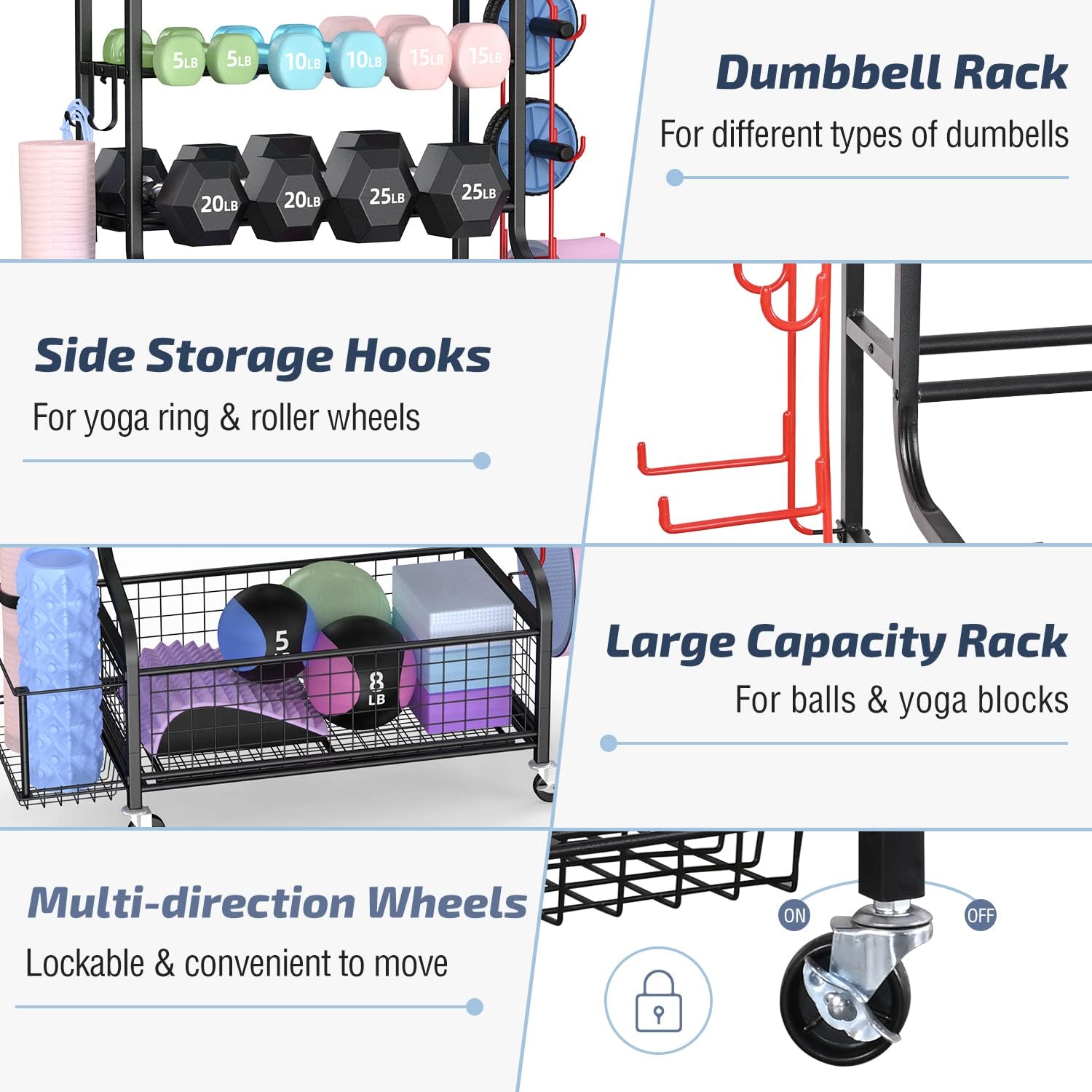 Dumbbell Rack with Wheels and Hooks for Home Gym Storage Y43677