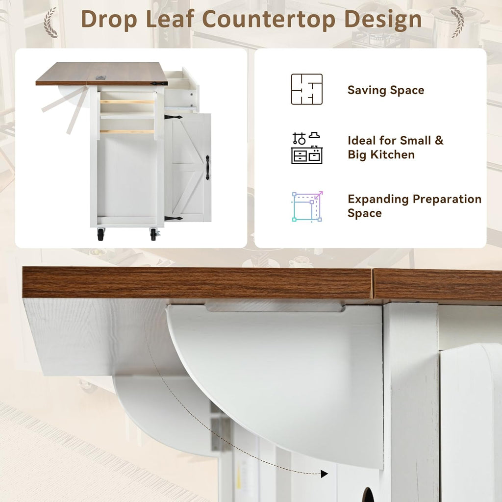 Kitchen Island Cart with Power Outlet and Storage, Rolling Trolley with Drop Leaf S12879