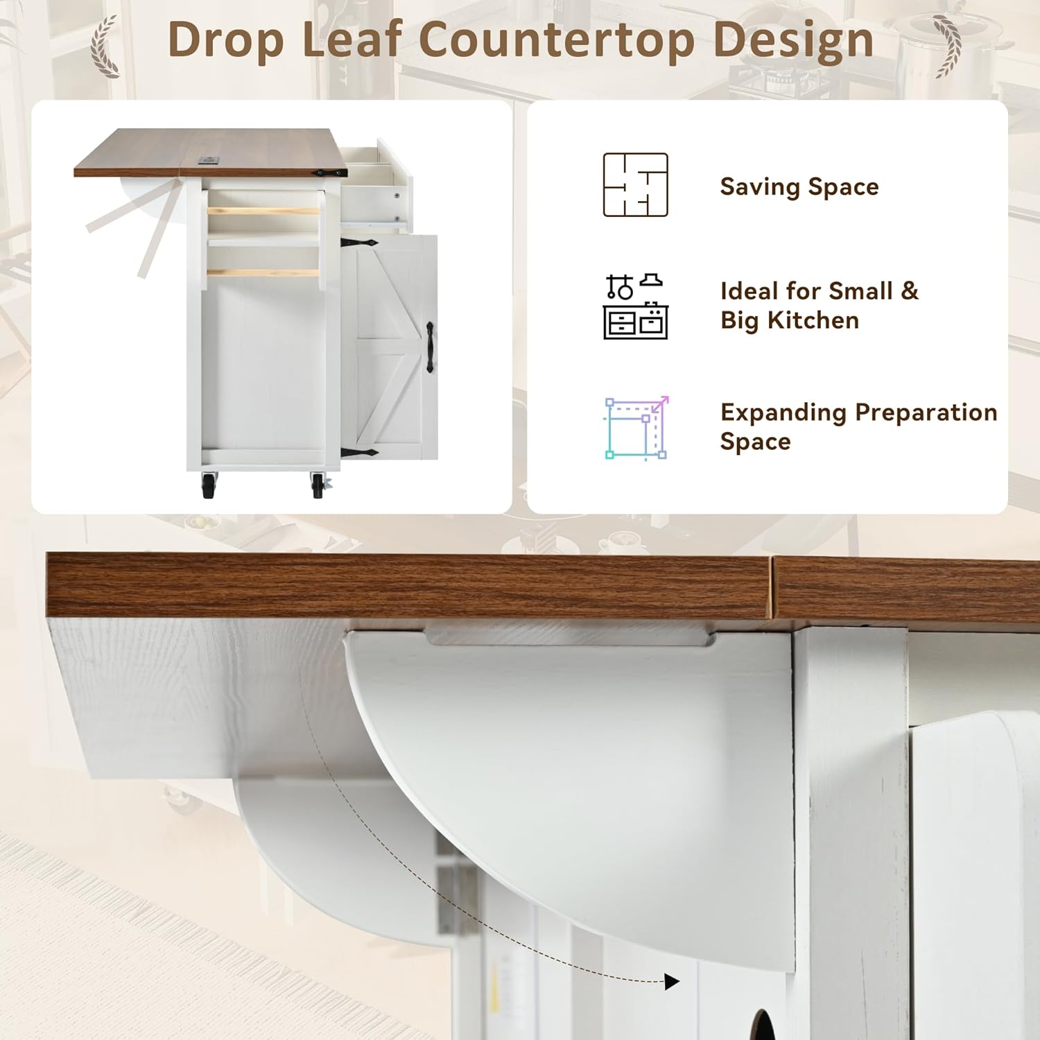 Kitchen Island Cart with Power Outlet and Storage, Rolling Trolley with Drop Leaf S12879