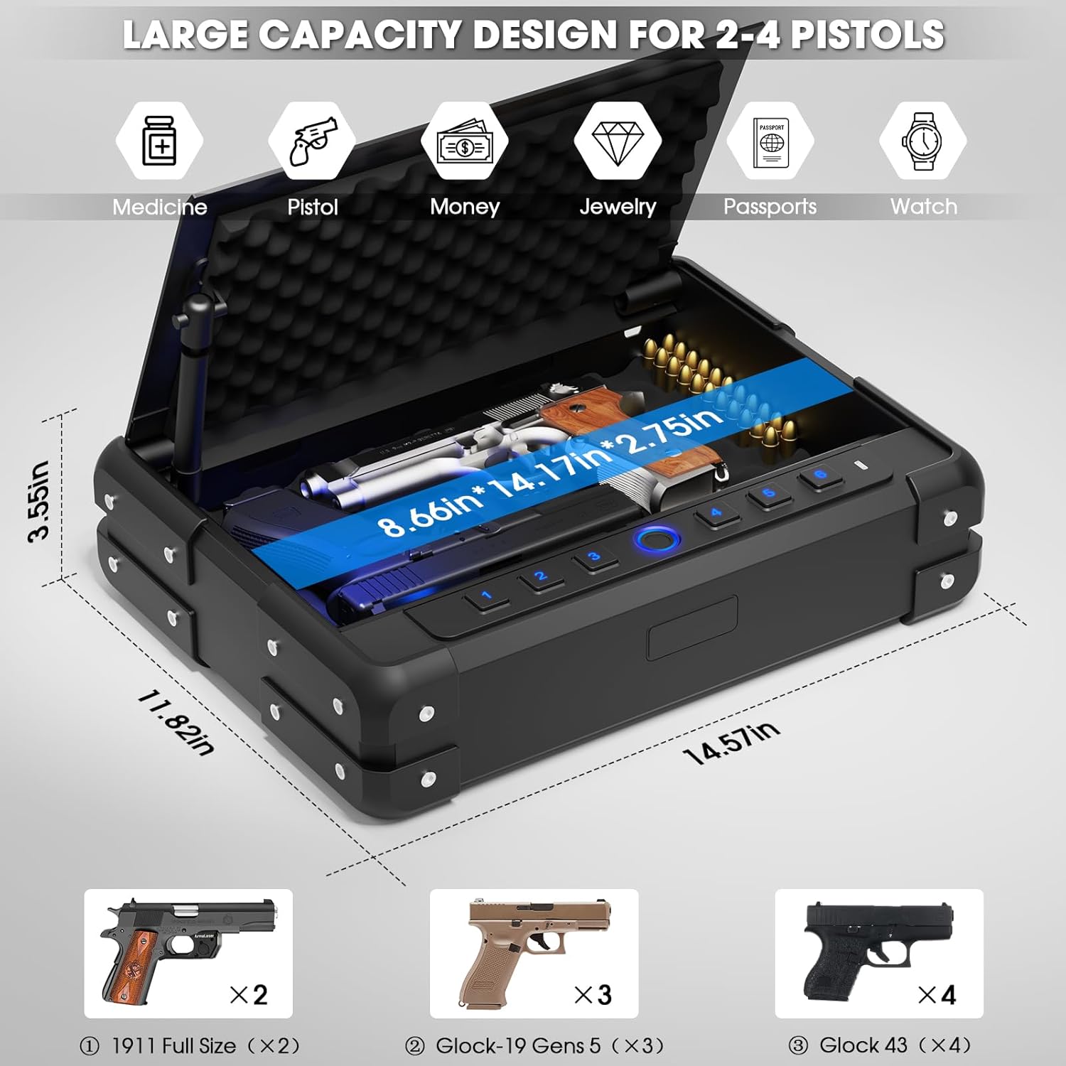 Biometric Gun Safe for 3-4 Pistols, Quick Access with USB-C Port N96475