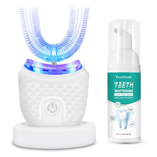 Ultrasonic Electric Toothbrush Adults, U Shaped Whole Mouth 360° Cleaning Teeth Whitening Automatic Toothbrush Hands Free Rechargeable IPX7 Waterproof (White)