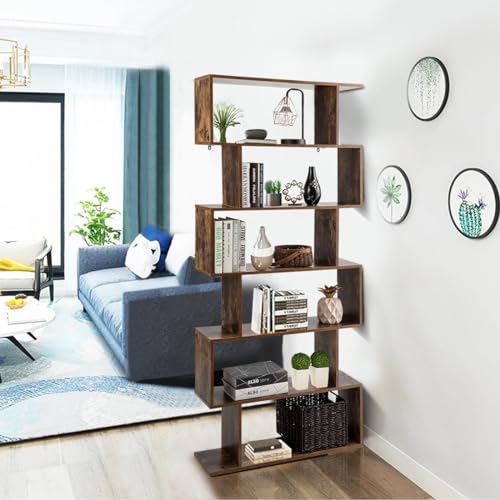6-Tier Geometric Bookcase, Modern S-Shaped Storage Display Bookshelf, Anti-Toppling Device, Wooden Open Shelf G440024