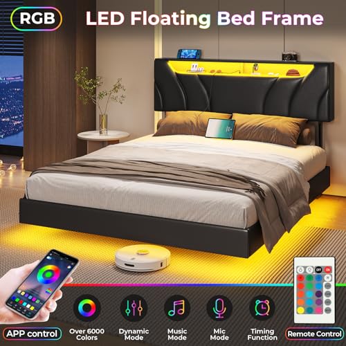 Full Size Floating Bed Frame with LED Lights and Storage Headboard U10902