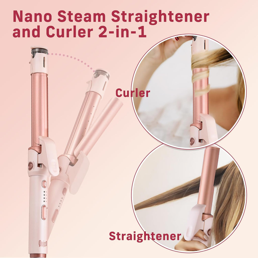 2-in-1 Curler Iron and Steam Hair Straightener, 1" Ceramic Curling Wand with Negative Ions O954466