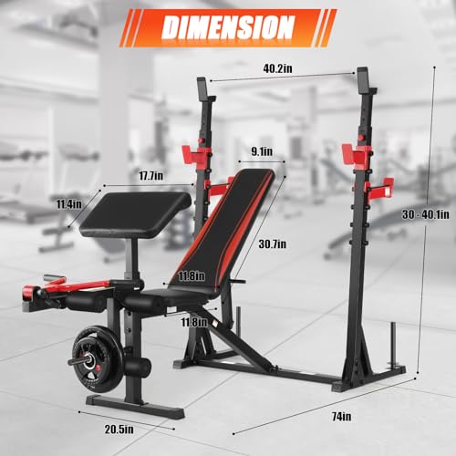 Adjustable Weight Bench with Squat Rack, Leg Extension and Preacher Curl Pad for Home Gym E89871