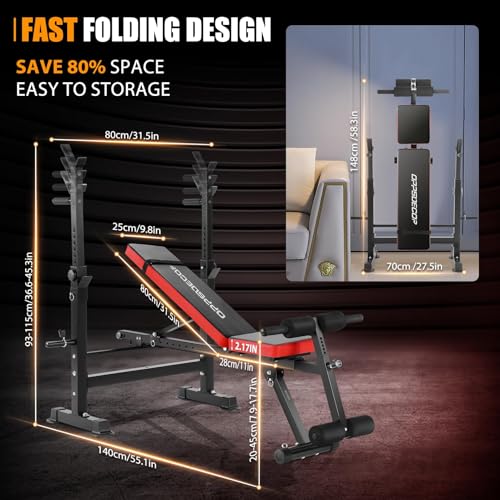Weight Bench with Squat Rack, 6-in-1 Foldable Bench Press Set, Adjustable Incline Flat Decline, Strength Training for Home Gym R62045
