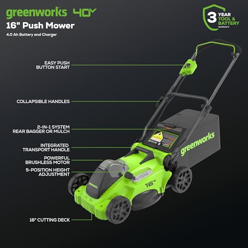 40V 16" Brushless Cordless Push Lawn Mower, 4.0Ah Battery and Charger Included X8946