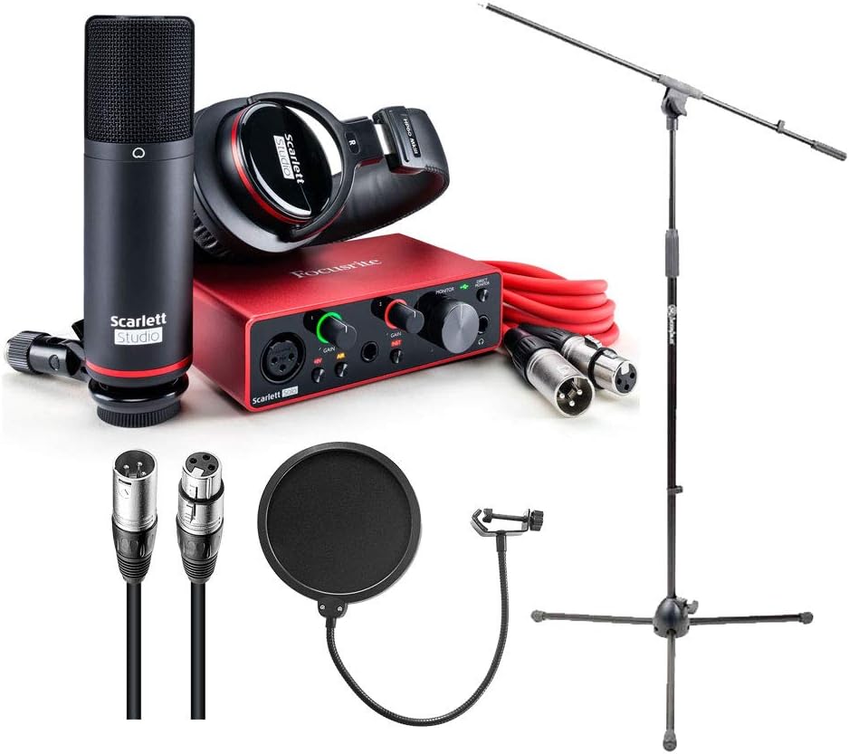 Focusrite Scarlett Solo Studio 3rd Gen USB Audio Interface Bundle with Boom Stand, XLR Cable and Pop Filter (4 Items)