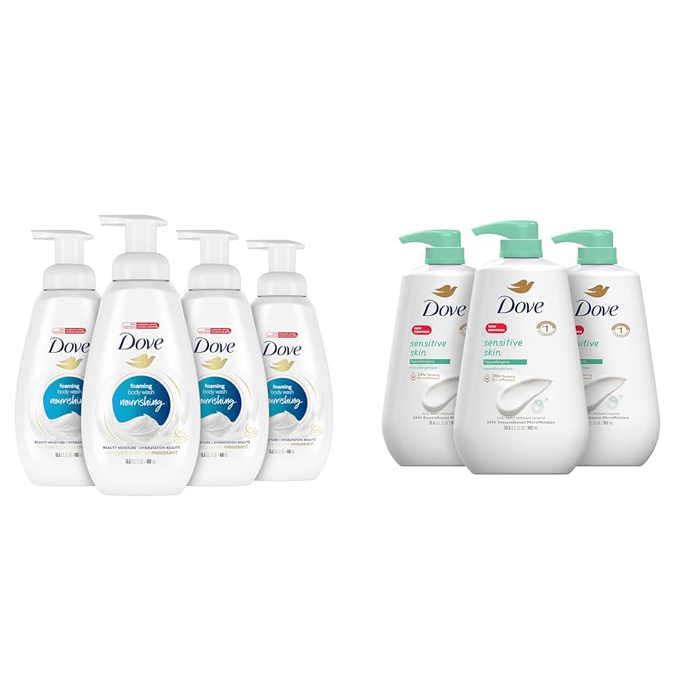 Dove Moisturizing Body Wash Bundle with Instant Foaming Deep Moisture for Soft Skin, Pack of 4, 13.5 Oz and Hypoallergenic Body Wash for Sensitive Skin, Pack of 3, 30.6 fl oz