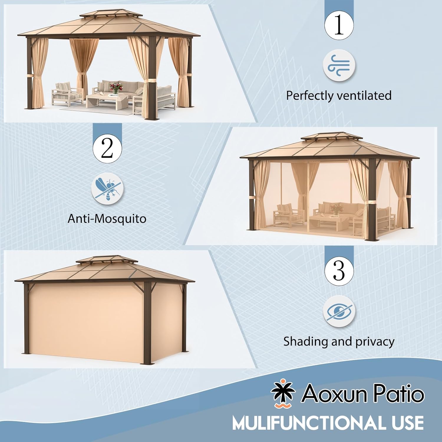 10x12FT Hardtop Gazebo with Curtains and Netting for Patios T46473
