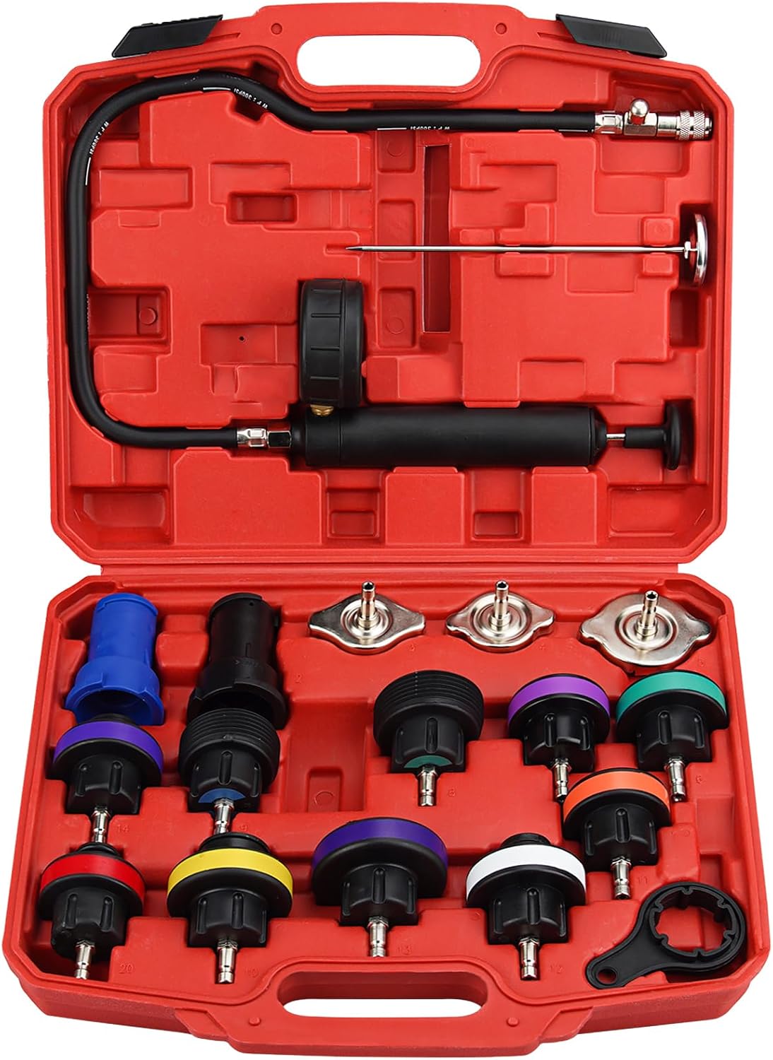 Bicos 18pcs Radiator Pressure Tester Kit Water Tank Adapter Auto Coolant Vacuum Purge Head Gasket Cooling System Car Leak Tester Detector Tool