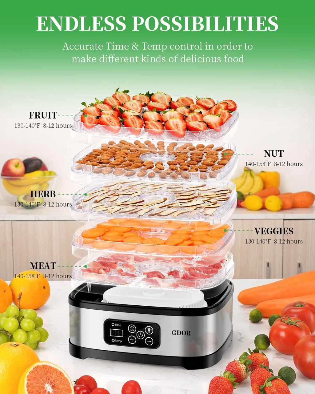 Food Dehydrator Machine with Adjustable Temperature and 72H Timer, 5-Tray M9413