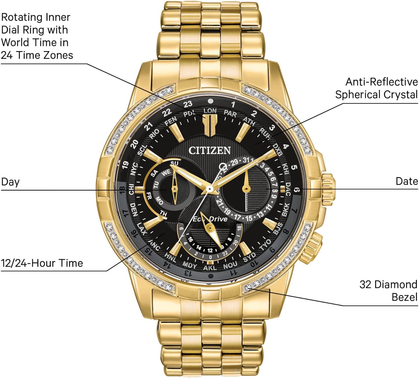 Men's Gold-Tone Stainless Steel Watch with Black Dial A39777