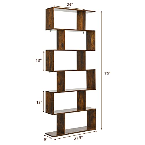 6-Tier Geometric Bookcase, Modern S-Shaped Storage Display Bookshelf, Anti-Toppling Device, Wooden Open Shelf G440024