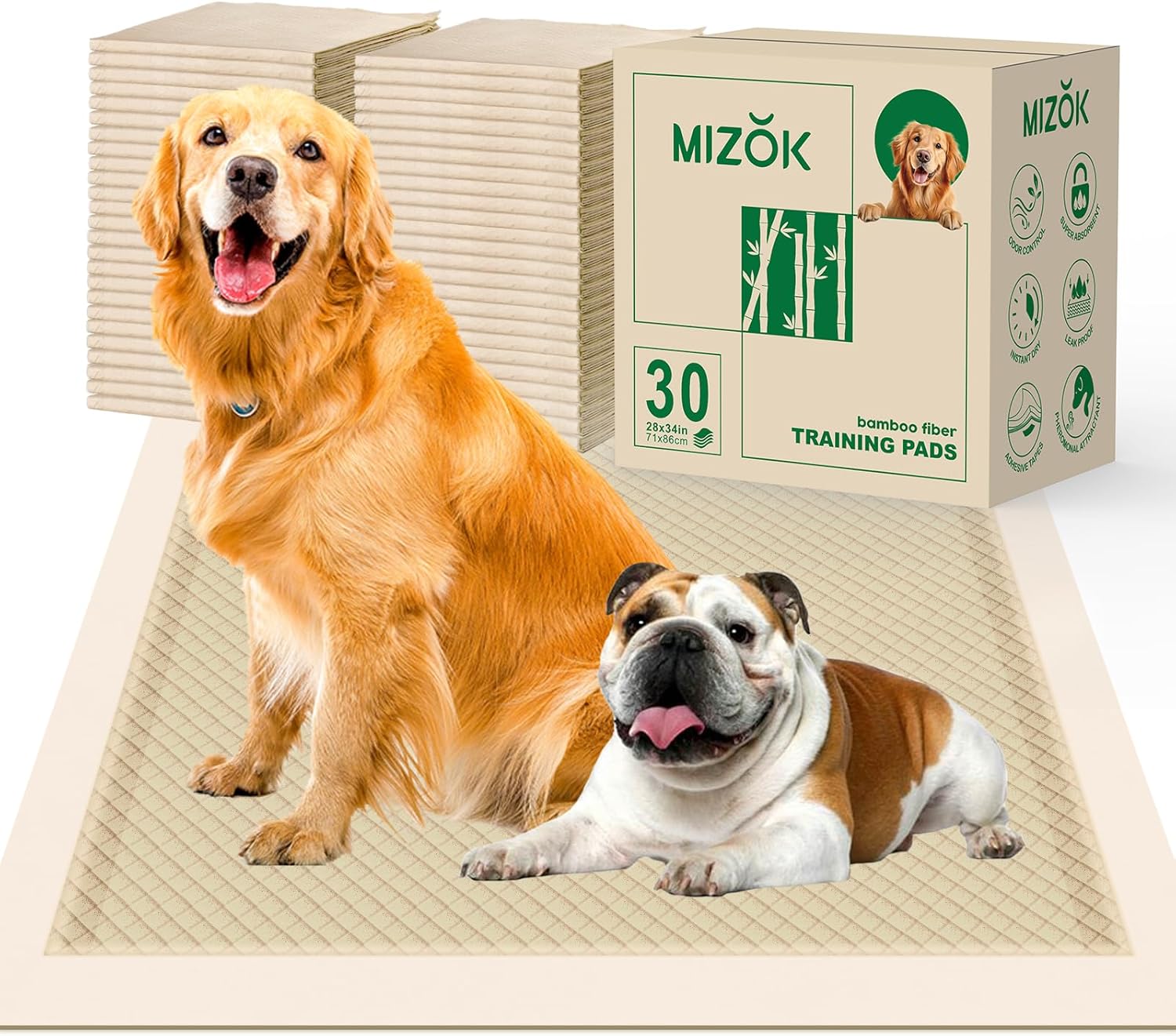 Bamboo Dog Pads Odor Eliminating 28x34in Extra Large Dog Training Pads, 8 Cups Super Absorbent Leak-Proof Dog Pee Pads with Adhesive Tabs, Disposable (30 Counts)