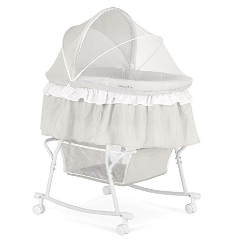 Lacy Portable 2-in-1 Bassinet & Cradle in Blue and White, Lightweight Baby Bassinet with Storage Basket, Adjustable and Removable Canopy