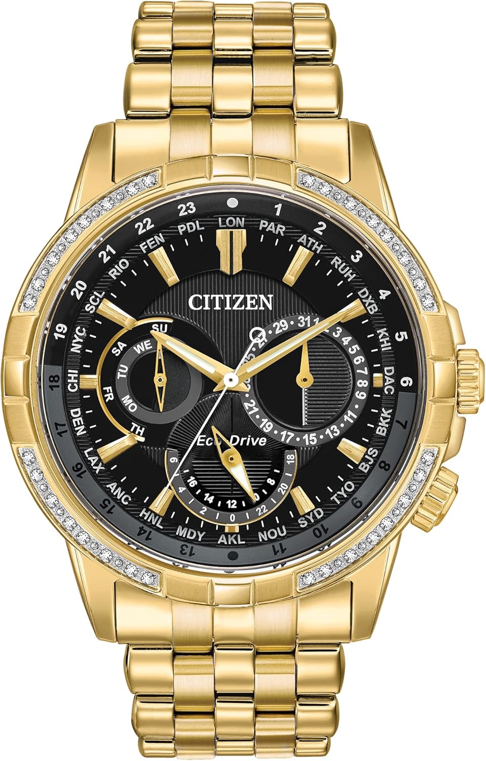 Citizen Men's Eco-Drive Classic Calendrier Watch in Gold-Tone Stainless Steel, Diamonds, Black Dial (Model: BU2082-56E)