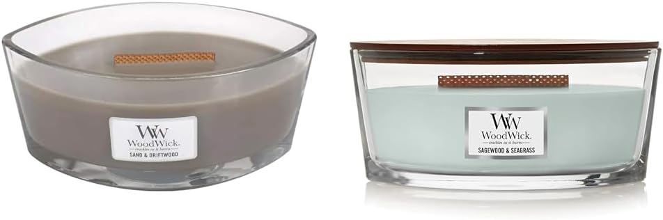 WoodWick Ellipse Scented Candle, Sand & Driftwood, 16oz | Up to 50 Hours Burn Time & Ellipse Candle, Sagewood & Seagrass, 16 oz.