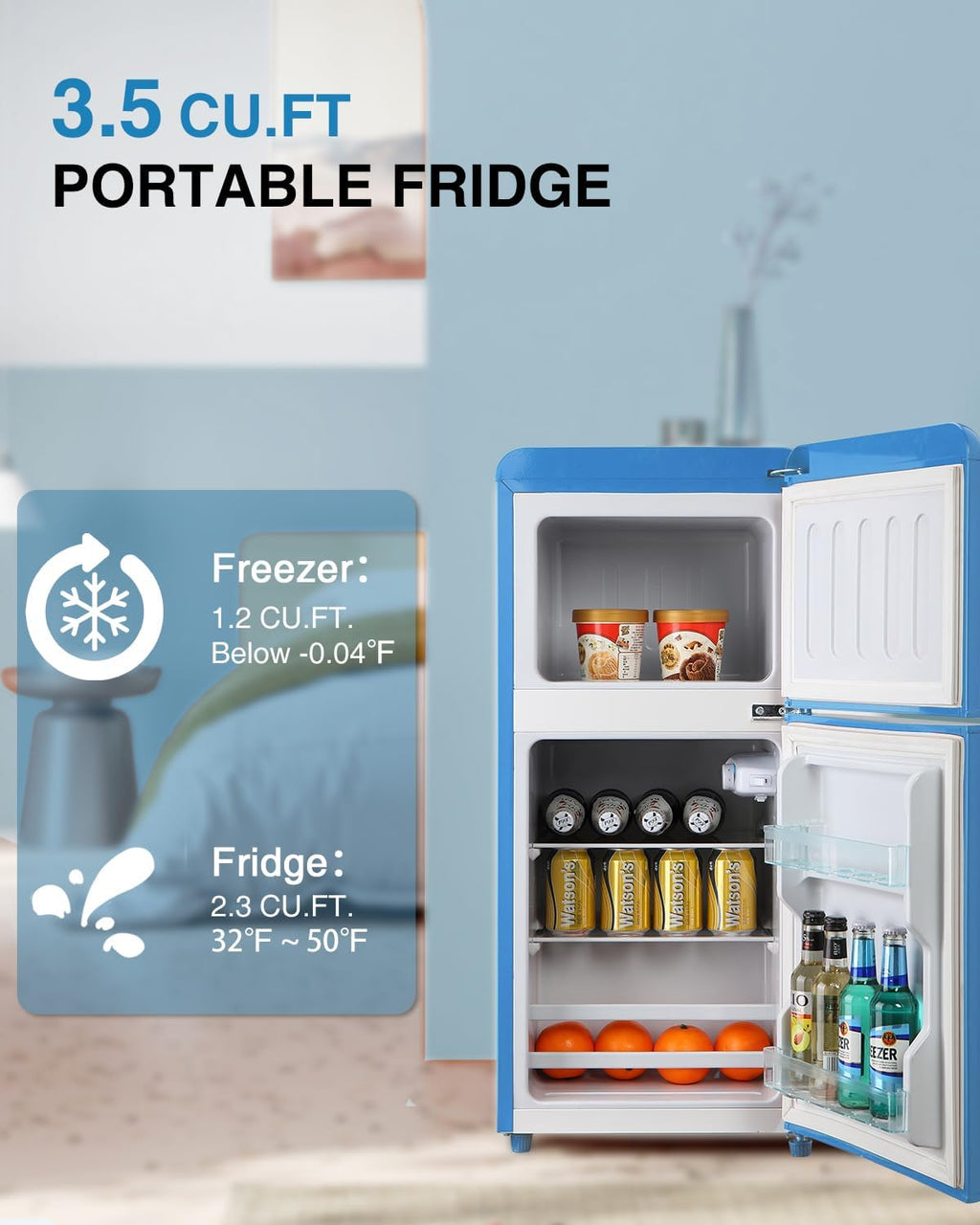 Mini Fridge with Freezer, Double Door, 3.5 Cu.ft, Adjustable Thermostat O75609