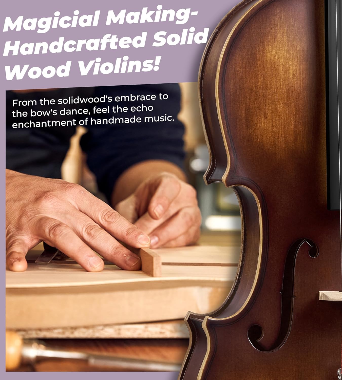 Solid Wood Violin 4/4 Full Size Set with Hard Case for Beginners E8640