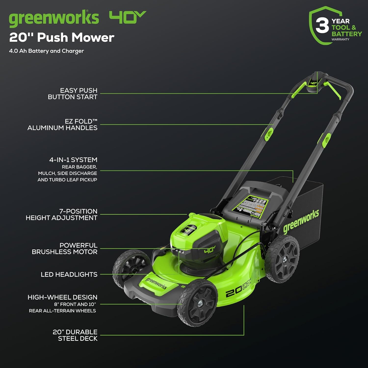 40V 20" Brushless Push Mower with 4.0Ah Battery Q848153