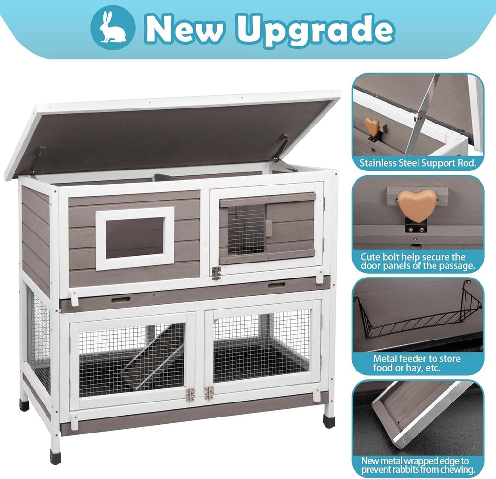Rabbit Hutch Indoor Outdoor Bunny Cage on Wheels Two Story Weatherproof with 2 No Leak Trays E4948