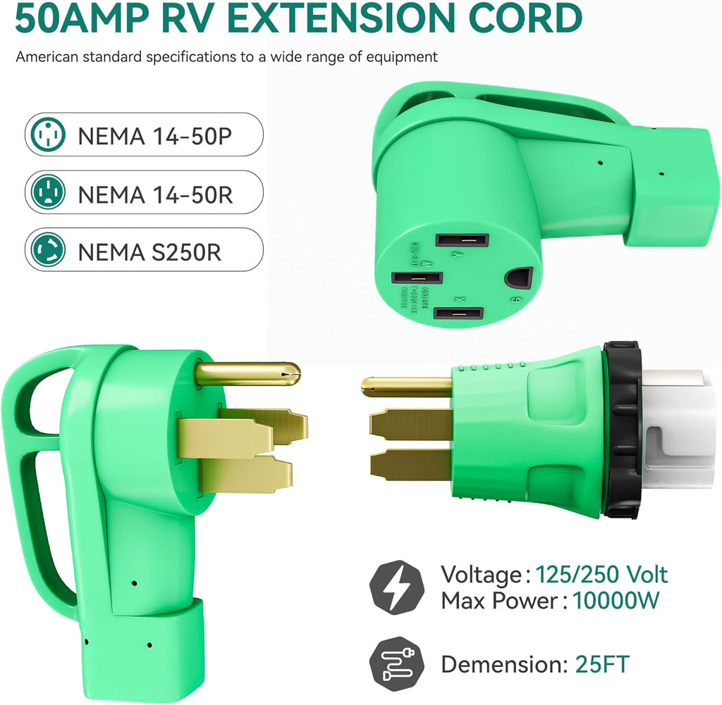 50 ft RV Extension Cord, NEMA 14-50P/14-50R, Heavy Duty Power Cord with Handle W3854