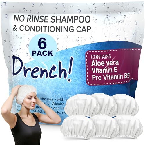 Drench No Water Rinse Free Shampoo Caps - Waterless Shampoo and Conditioner - Dry Hair Wash Caps for Elderly or Bedridden - Contains Aloe Vera, Vitamin E and Provitamin B5-24 Count (Pack of 1)