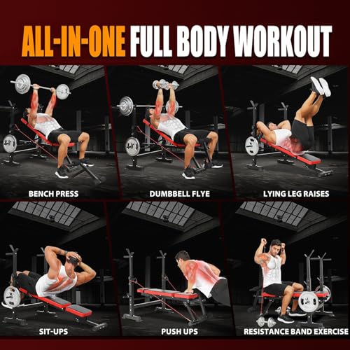 Weight Bench with Squat Rack, 6-in-1 Foldable Bench Press Set, Adjustable Incline Flat Decline, Strength Training for Home Gym R62045