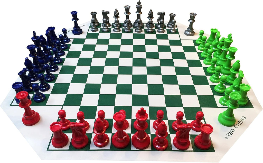 WE Games Four Player Chess Set, Chess Board for Team Chess, Combination Chess Game for Up to 4 Players, Unique Chess Sets for Adults and Kids, Roll Up Vinyl Chess Mat with 4 Sets of Chess Pieces