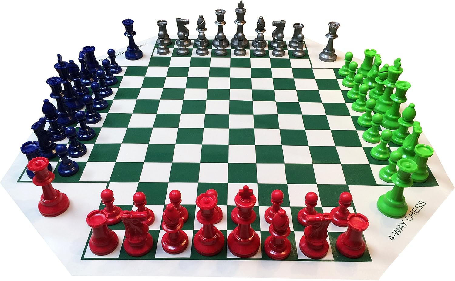 WE Games Four Player Chess Set, Chess Board for Team Chess, Combination Chess Game for Up to 4 Players, Unique Chess Sets for Adults and Kids, Roll Up Vinyl Chess Mat with 4 Sets of Chess Pieces