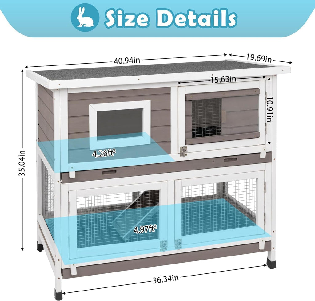 Rabbit Hutch Indoor Outdoor Bunny Cage on Wheels Two Story Weatherproof with 2 No Leak Trays E4948