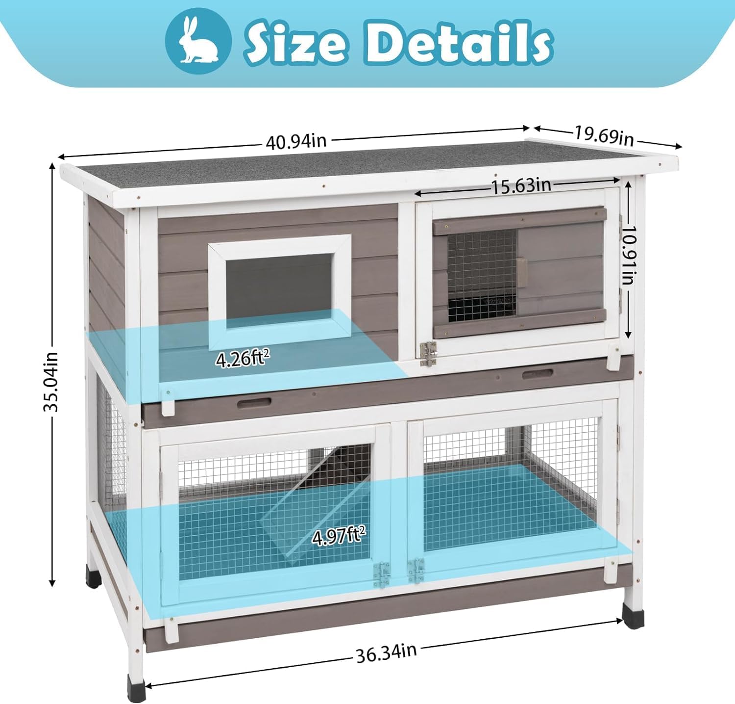 Rabbit Hutch Indoor Outdoor Bunny Cage on Wheels Two Story Weatherproof with 2 No Leak Trays E4948
