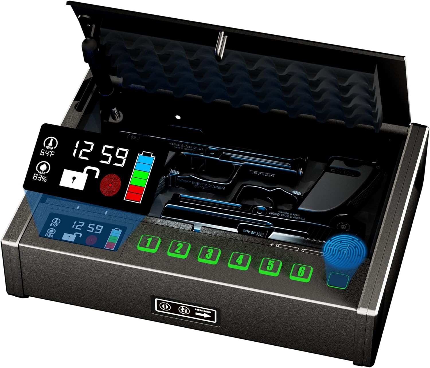 Gun Safe, Biometric Gun Safe For Pistols, Fingerprint Handgun Safe Quick Access Pistols Safe with LCD of Battery, Temp, Humidity and Time, 3-Ways Unlock Gun Lock Box for Two Handguns, Nightstand, Car