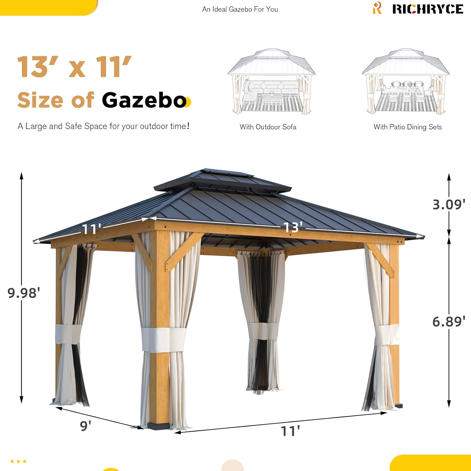 Solid Wood Gazebo with Hardtop Roof, Netting and Curtains N2070