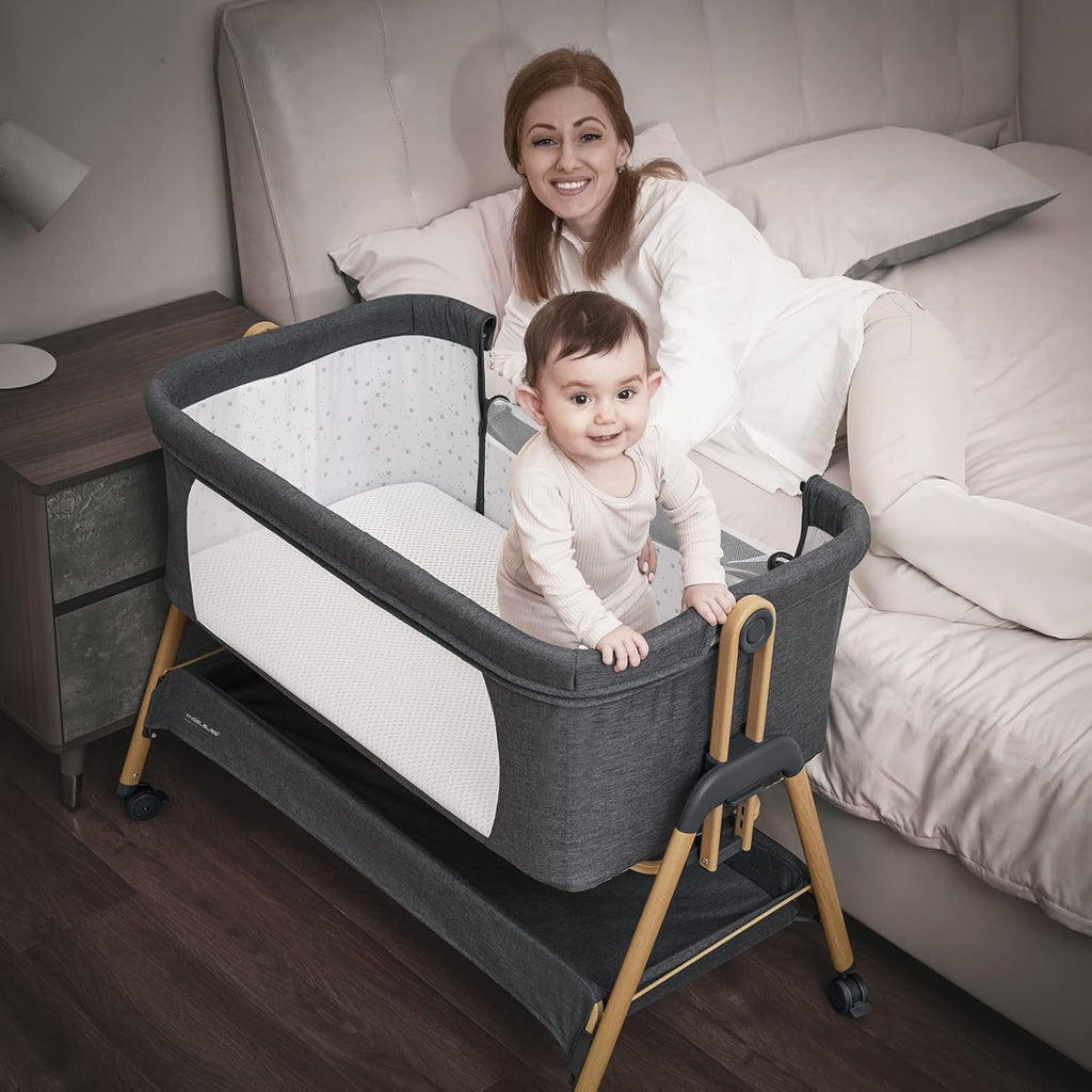 Baby Bassinet, Bedside Sleeper, Easy Folding Crib with Breathable Washable Mattress, 6-Level Adjustable Portable Bassinet for Newborn O524783