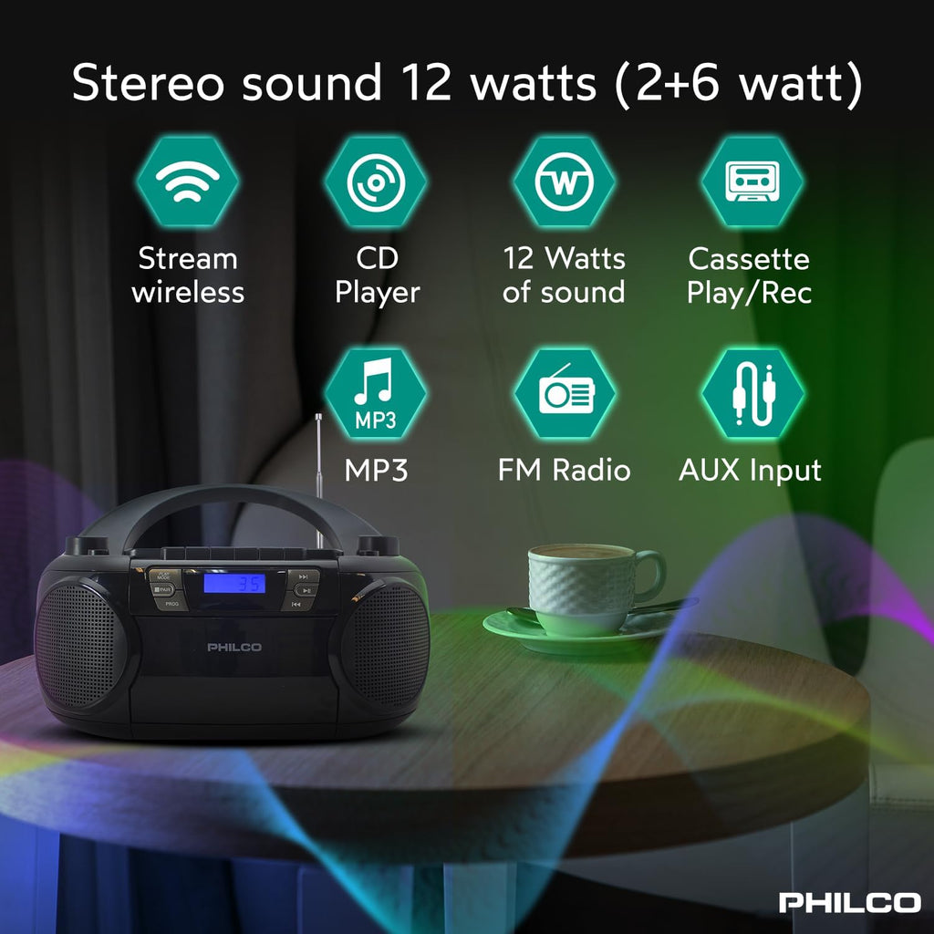 Bluetooth CD Boombox with Cassette, MP3 USB Playback E628136