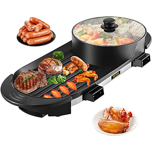 VEVOR Hot Pot with Grill 2 in 1 Foldable Electric BBQ Grill and Smokeless Hot Pot with Dual Temp Control, 2100W Multifunctional Nonstick Coating Teppanyaki Grill and Pot